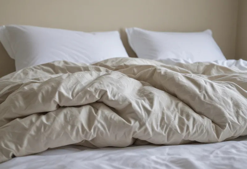 A rumpled duvet on a bed in a quiet bedroom.