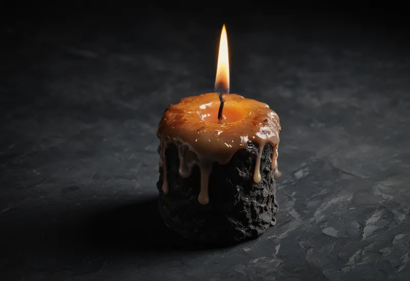 A single candle burned low with wax pooling on dark stone
