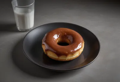 A single glazed doughnut on a plain ceramic plate.