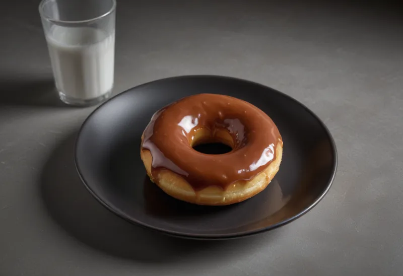 A single glazed doughnut on a plain ceramic plate.