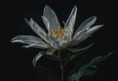 A single white night-blooming flower fully open in darkness, with dark foliage falling away behind it