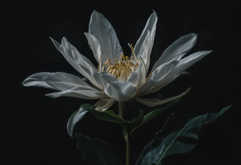 A single white night-blooming flower fully open in darkness, with dark foliage falling away behind it