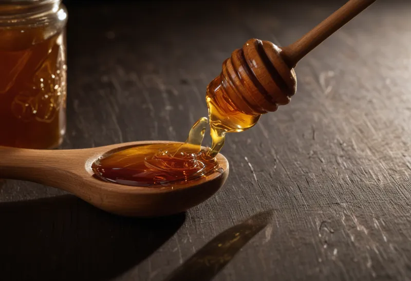 A slow, thick thread of amber honey trailing from a wooden dipper, caught mid-drip in warm morning light against deep shadow