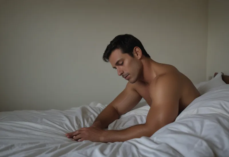 A lone athletic figure asleep with face turned away, a bare muscular shoulder above the sheet, in dim dawn light