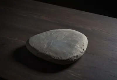 A smooth grey river stone resting on a bare wooden tabletop.