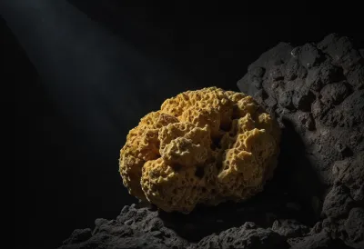 A natural sea sponge resting on a bare stone ledge.