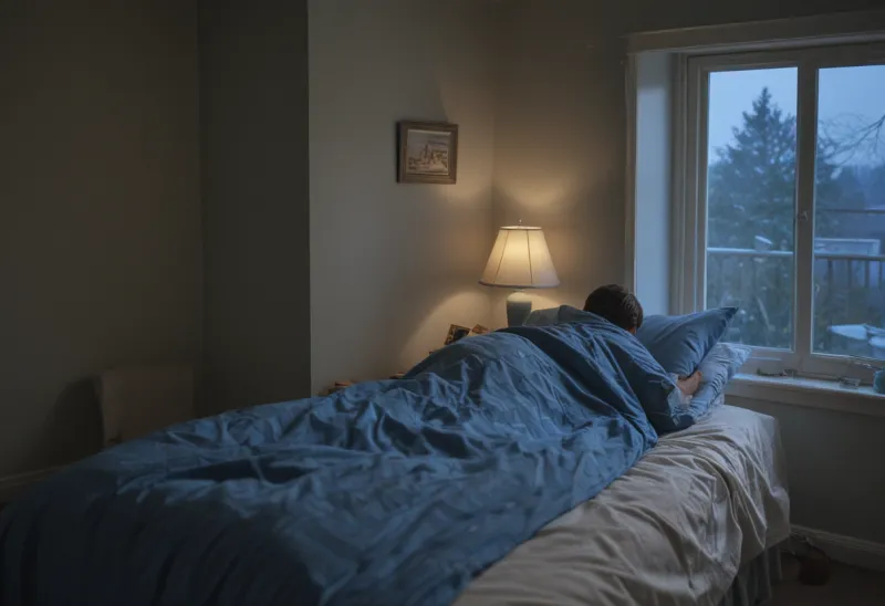 A single sleeping figure under a heavy duvet in blue pre-dawn light from a bedroom window, face turned away from the camera
