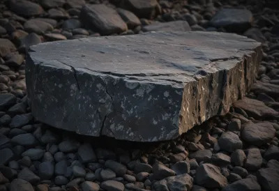 A single smooth grey stone resting on a flat rock ledge.