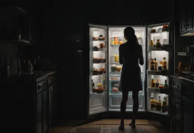 A lone person silhouetted from behind in a dark kitchen, standing in front of an open refrigerator that is the only light source