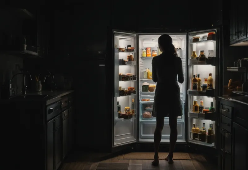 A lone person silhouetted from behind in a dark kitchen, standing in front of an open refrigerator that is the only light source