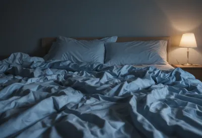 An empty, rumpled bed lit by cold blue pre-dawn light, sheets thrown back and unslept-in.