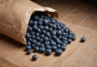Blueberries spilling from an open brown paper bag onto a wooden counter