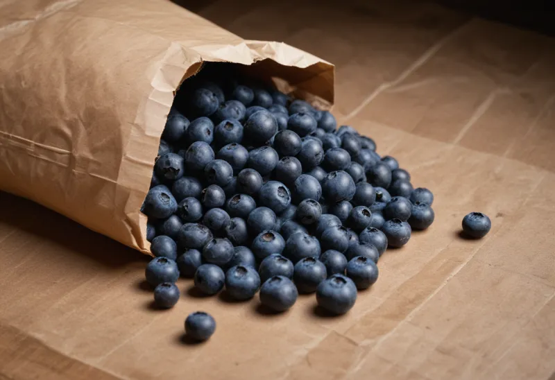 Blueberries spilling from an open brown paper bag onto a wooden counter