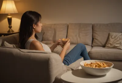 A person seen from behind sitting on a sofa in warm evening lamplight, a bowl of snacks on the cushion beside them
