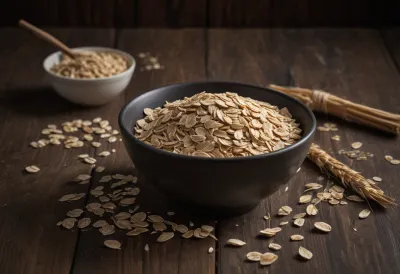 A plain bowl of rolled oats on a bare wooden table.