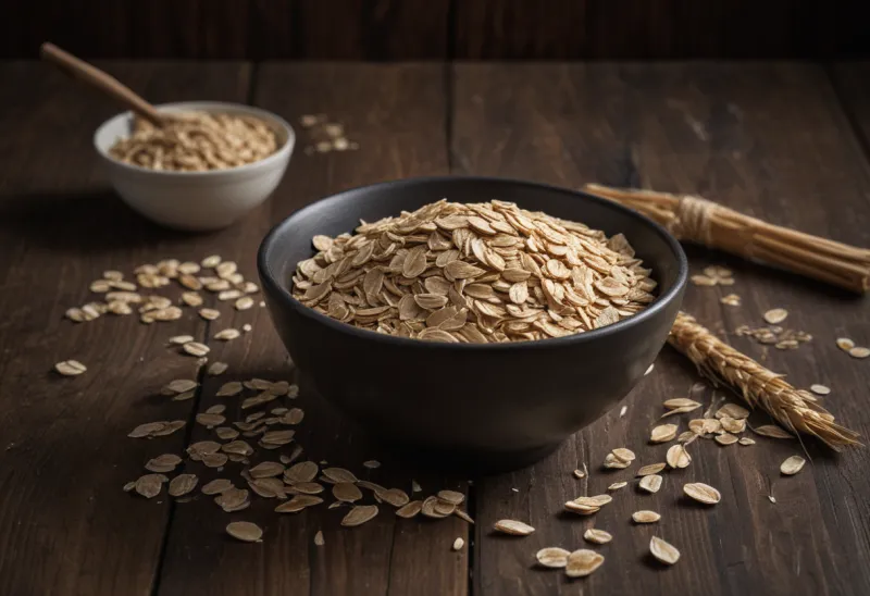 A plain bowl of rolled oats on a bare wooden table.