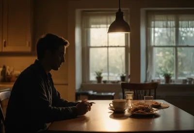A lone person seated at a kitchen table in silhouette before a single small plate, lit by warm low lamplight in a dim room