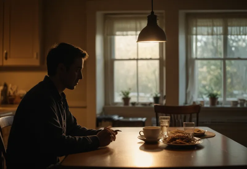 A lone person seated at a kitchen table in silhouette before a single small plate, lit by warm low lamplight in a dim room