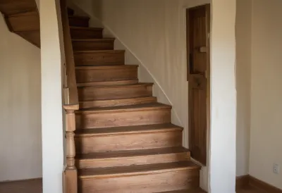 A worn wooden staircase with treads hollowed and paled in the middle by years of footsteps, in warm indoor light