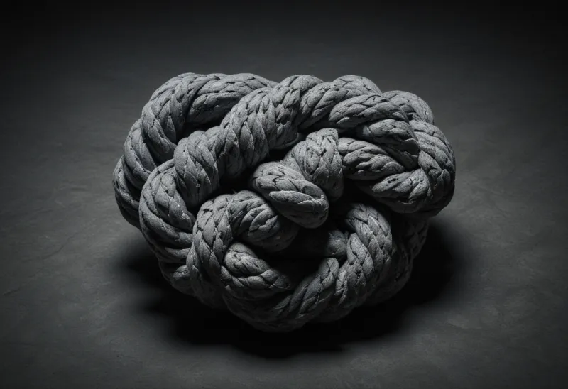A length of thick cord pulled into a single tight knot on a bare grey stone surface