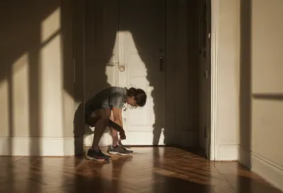 A lone backlit figure crouched lacing a running shoe in an open doorway at dawn, cast in silhouette