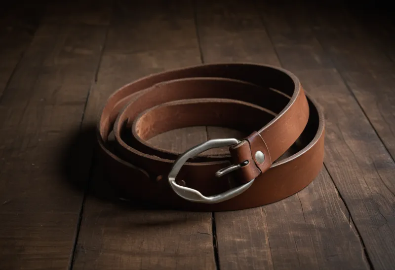 A coiled brown leather belt on a bare wooden surface.