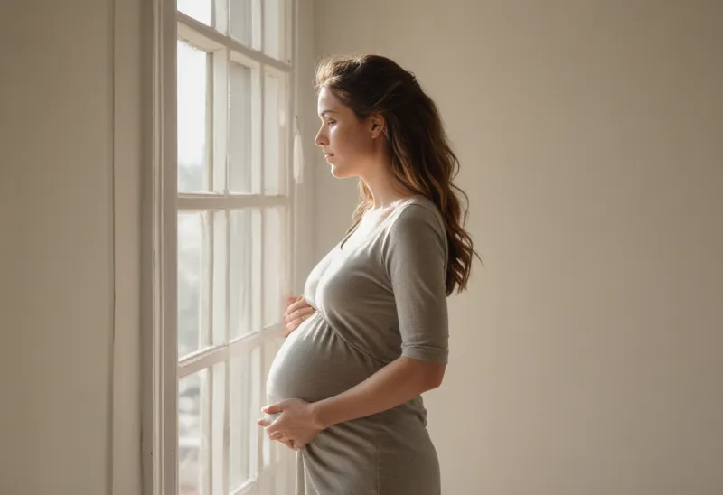 A pregnant woman standing in profile at a tall window in warm morning light, a plain pale wall behind her.
