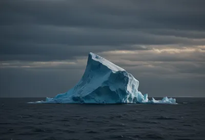 A lone iceberg in a dark cold sea under a heavy grey sky, only its tip visible above the waterline