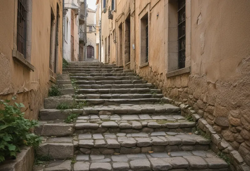 A wide flight of worn stone steps rising from a quiet street.