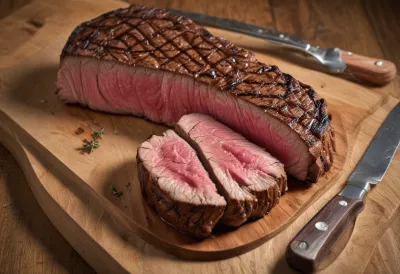 A thick seared steak sliced open on a bare oak board, its cut face pink and glistening under warm low sidelight.