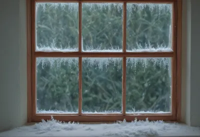 A window pane covered in frost crystals in a plain wooden frame.