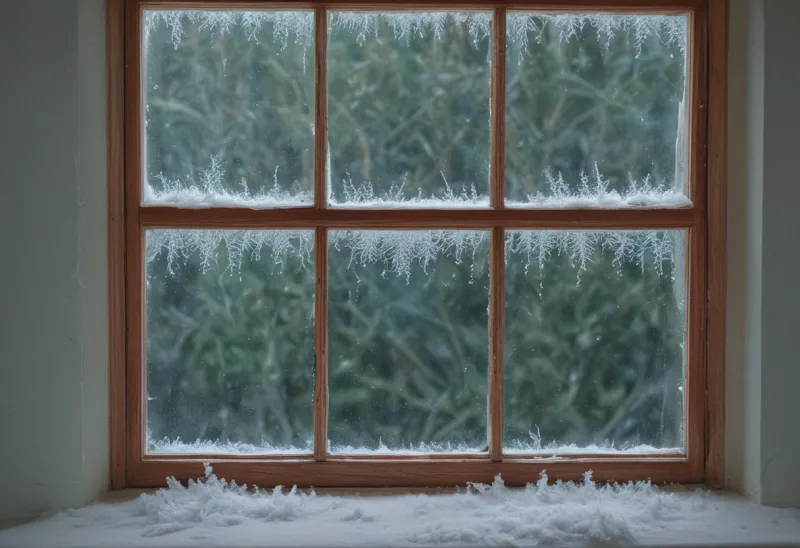 A window pane covered in frost crystals in a plain wooden frame.