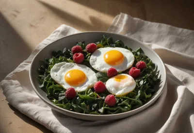 A breakfast of poached eggs on greens beside a small bowl of berries on pale linen, lit by warm low-angle morning sun casting long shadows across the cloth