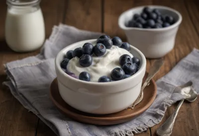 A small bowl of Greek yogurt topped with blueberries on a linen napkin.