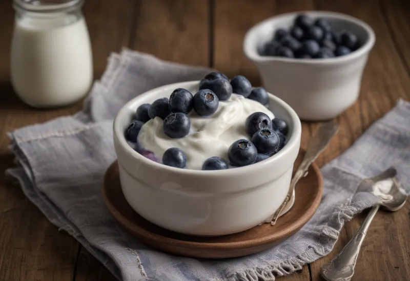 A small bowl of Greek yogurt topped with blueberries on a linen napkin.