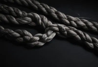 A length of braided cotton cord lying on a bare dark surface.