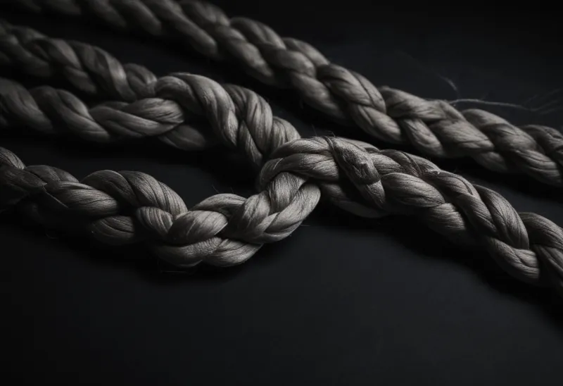 A length of braided cotton cord lying on a bare dark surface.
