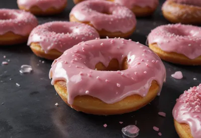A single glazed ring doughnut with glossy pink icing photographed close up.