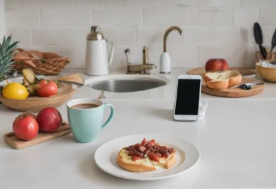 A plate of food on a bright morning kitchen counter with a phone lying face-down beside it and a mug of coffee