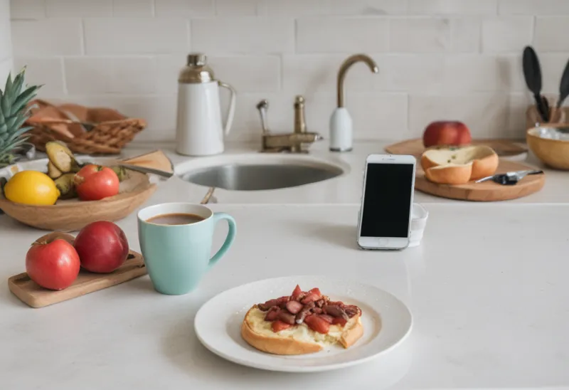 A plate of food on a bright morning kitchen counter with a phone lying face-down beside it and a mug of coffee