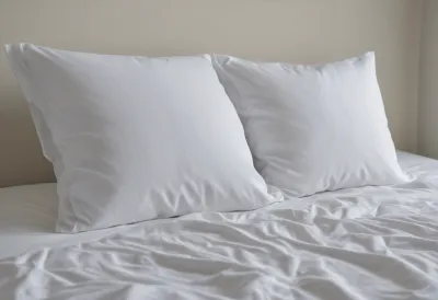 A plain white pillow lying on a neatly made bed in a quiet bedroom.