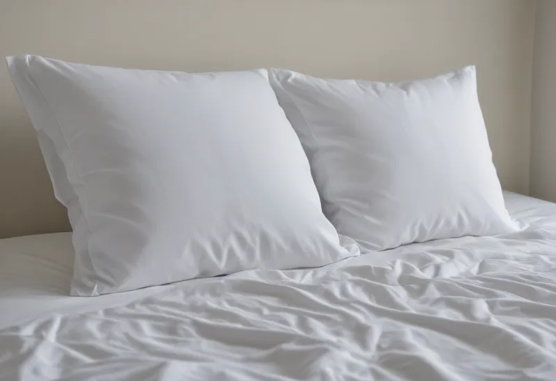 A plain white pillow lying on a neatly made bed in a quiet bedroom.