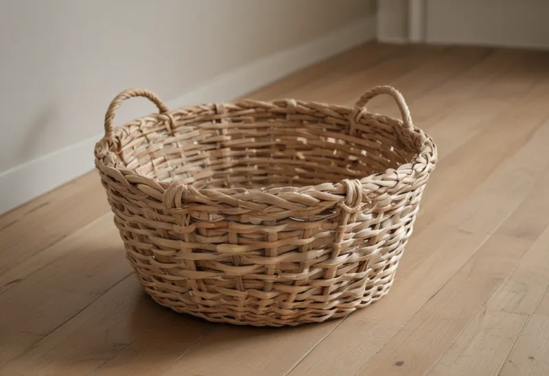 A woven wicker basket on a wooden floor.