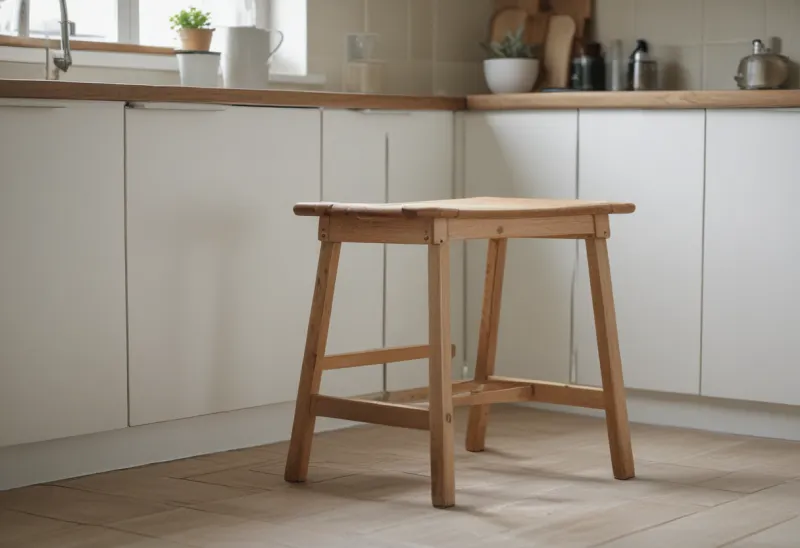 A plain wooden kitchen stool in an empty kitchen corner.