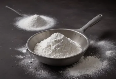 A plain steel kitchen scoop heaped far above its rim with white flour, with loose flour dusted across the counter around its base.