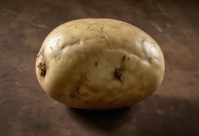 A single unpeeled russet potato on a butcher's block.