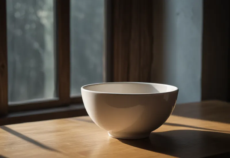 An empty white ceramic bowl on a plain light wooden table.