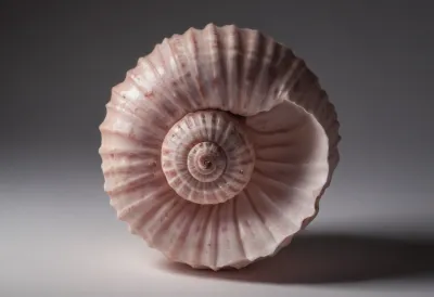 A large spiral seashell lying on its side, its smooth inner opening facing the camera