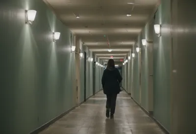 A lone figure pacing a dim, empty corridor at night, blurred by motion and seen from far down the hallway