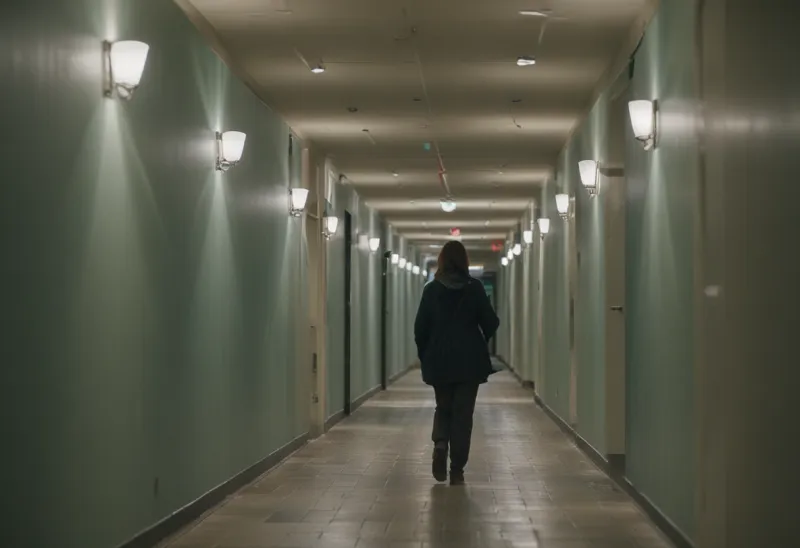 A lone figure pacing a dim, empty corridor at night, blurred by motion and seen from far down the hallway